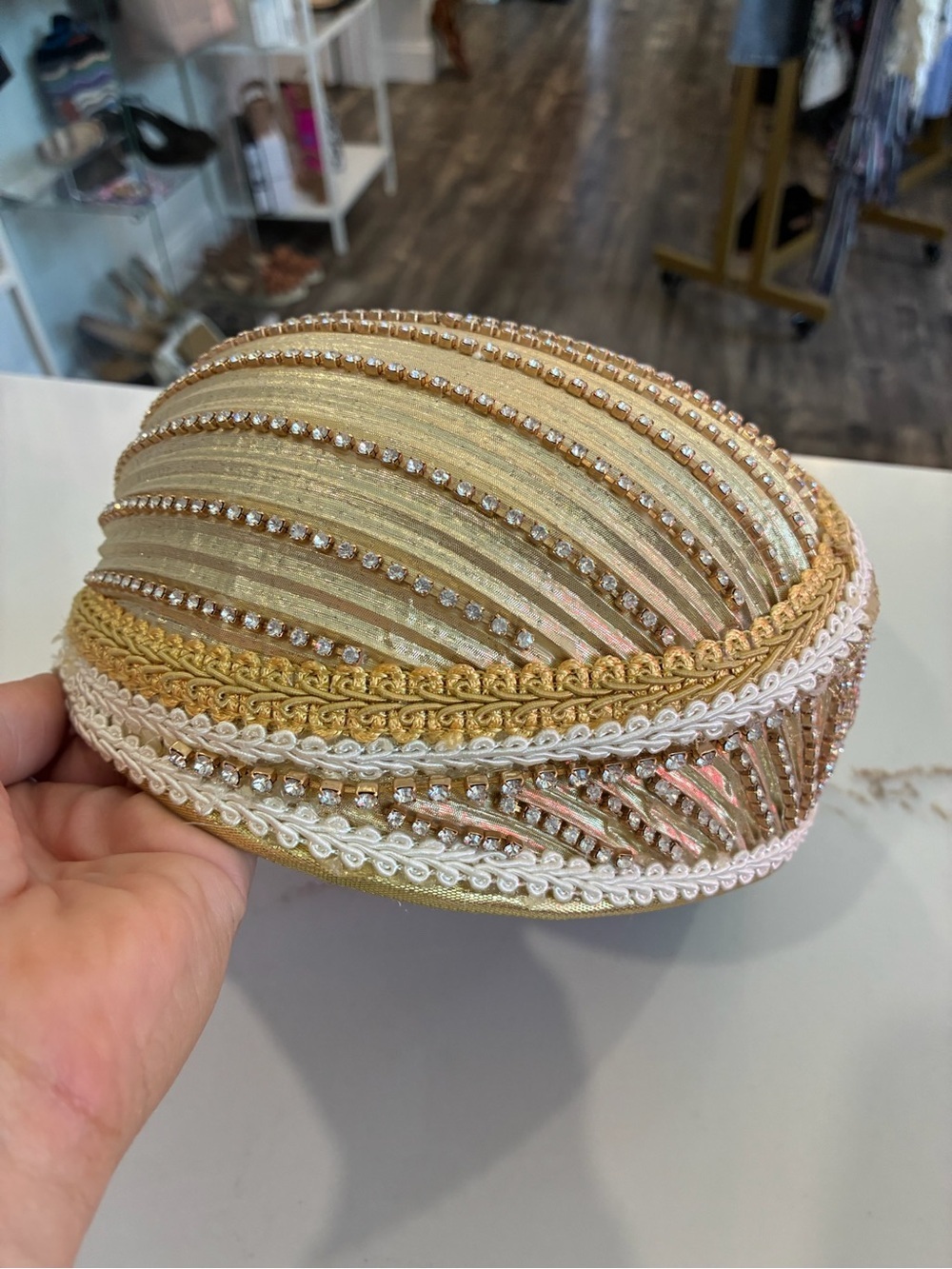 Gold and Cream Decorative Women's vintage gatsby hat with Rhinestone Trim